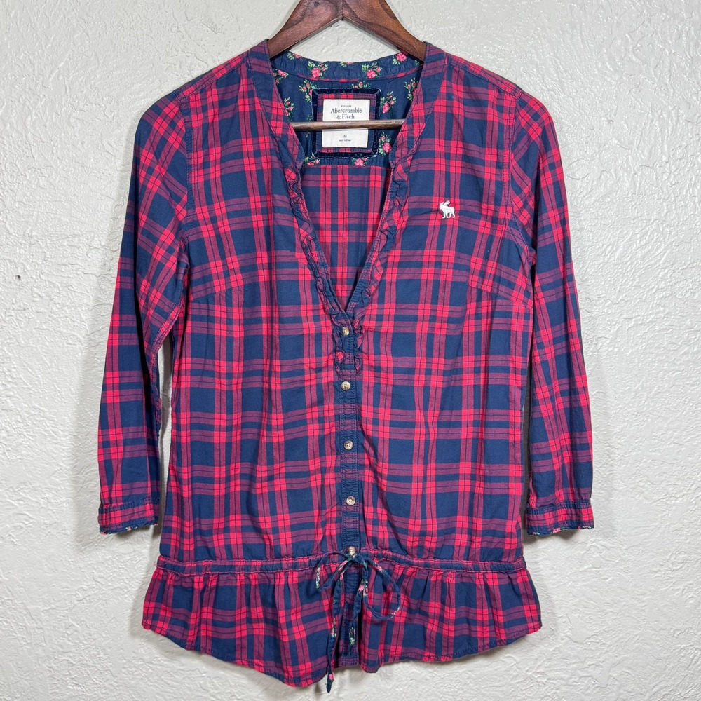 Abercrombie A&F Flannel Top Blouse Medium Tartan Plaid Cotton Ruffle Y2K Preppy